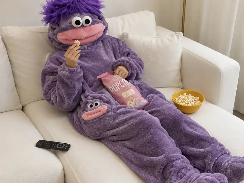 Person wearing a purple plush monster onesie while relaxing with popcorn on a white sofa.