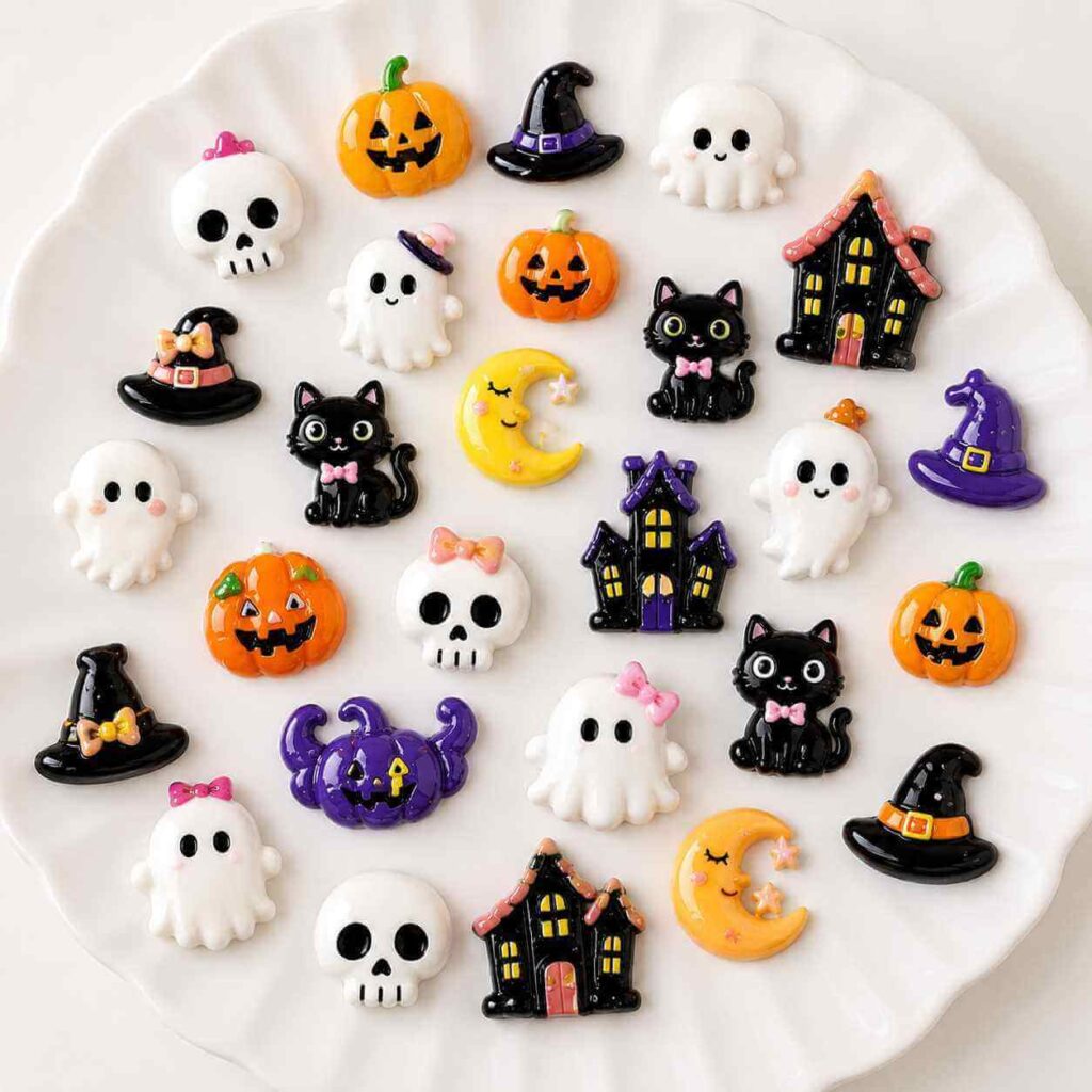 Cute Halloween resin charms on a white plate with ghosts, pumpkins, black cats, witch hats and haunted houses.