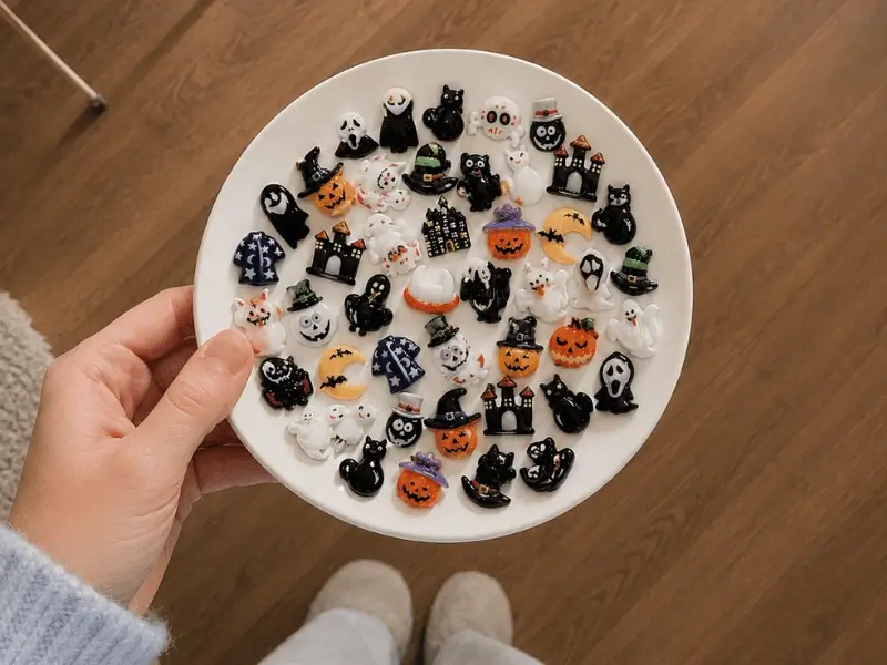 Cute Halloween resin charms with pumpkins, ghosts, black cats, witch hats and haunted houses displayed on a white plate for party and home decorating ideas.