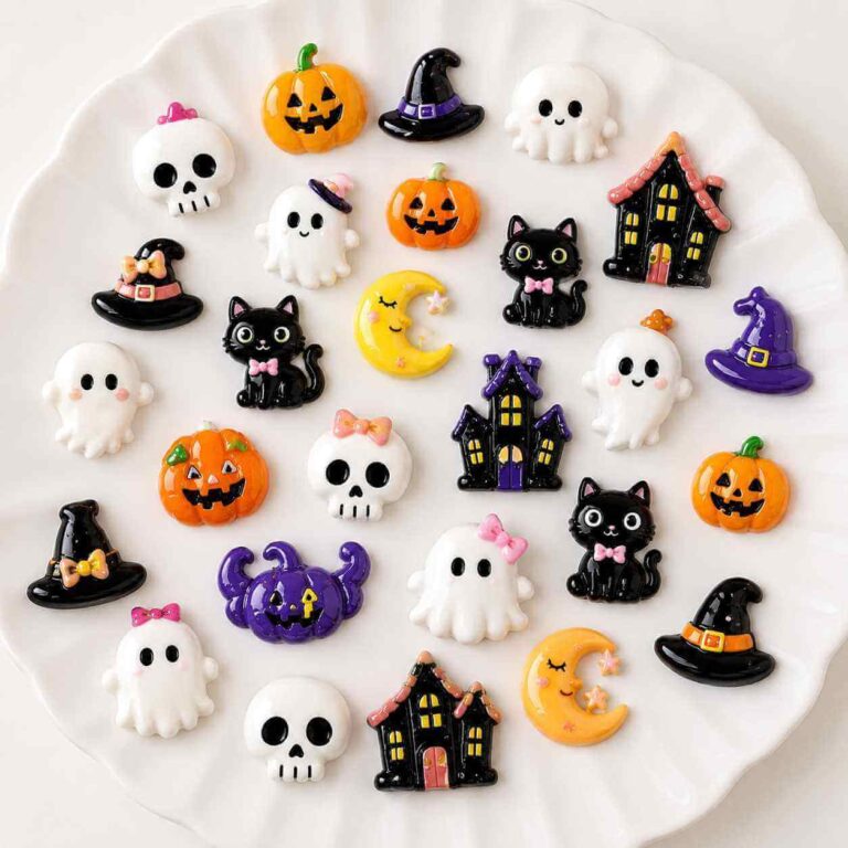 Cute Halloween resin charms on a white plate with ghosts, pumpkins, black cats, witch hats and haunted houses.