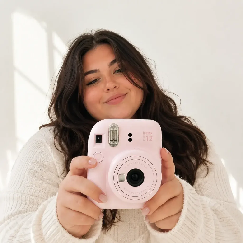 Woman holding a pink INSTAX MINI 12 instant camera, a cute and easy-to-use camera for selfies, parties and travel photos.
