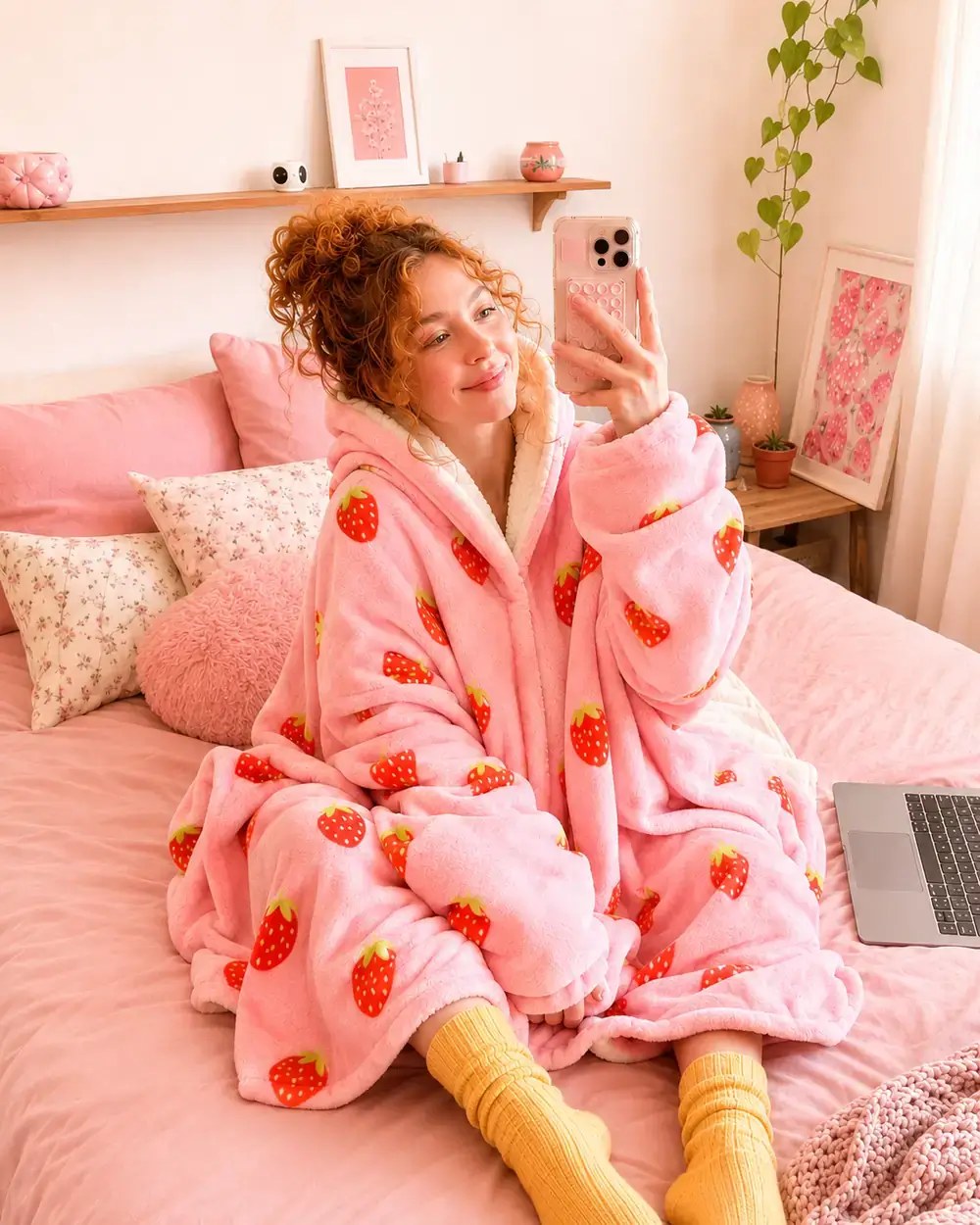 Woman wearing a pink strawberry wearable blanket hoodie while relaxing on a bed in a cozy bedroom.