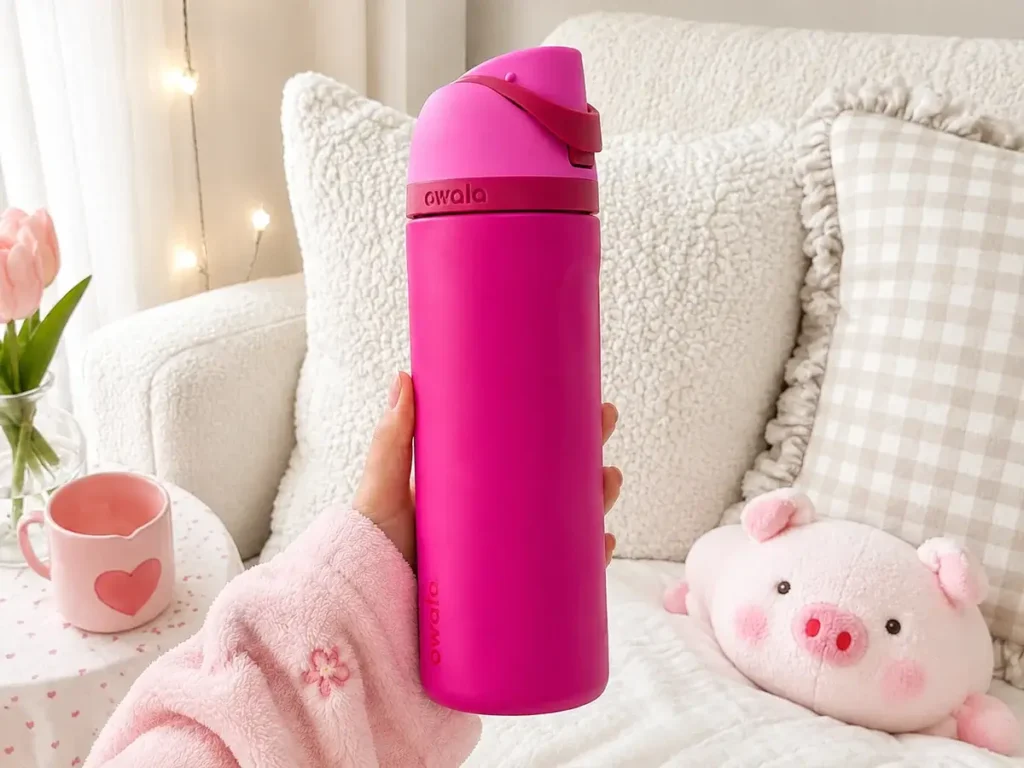 Hand holding the pink Owala FreeSip 24 oz Read My Lips stainless steel water bottle in a cozy bedroom setting.