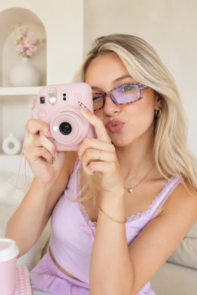 Woman using a pink INSTAX MINI 12 instant camera for selfies and close-up photos in a bright pastel room.