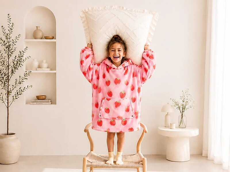Girl wearing a pink strawberry blanket hoodie for kids while holding a white pillow in a bright cozy bedroom.