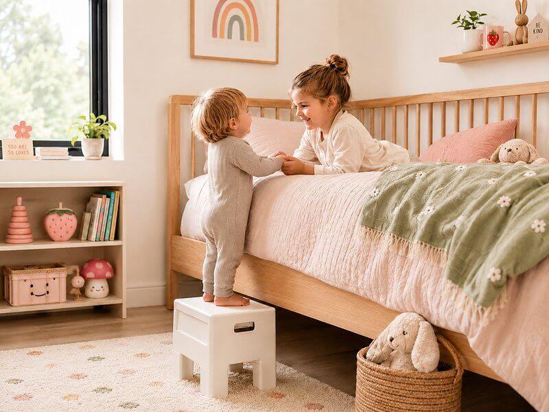 Toddler standing on a white multipurpose plastic stool beside a low bed while an older child smiles in a pastel kids bedroom.