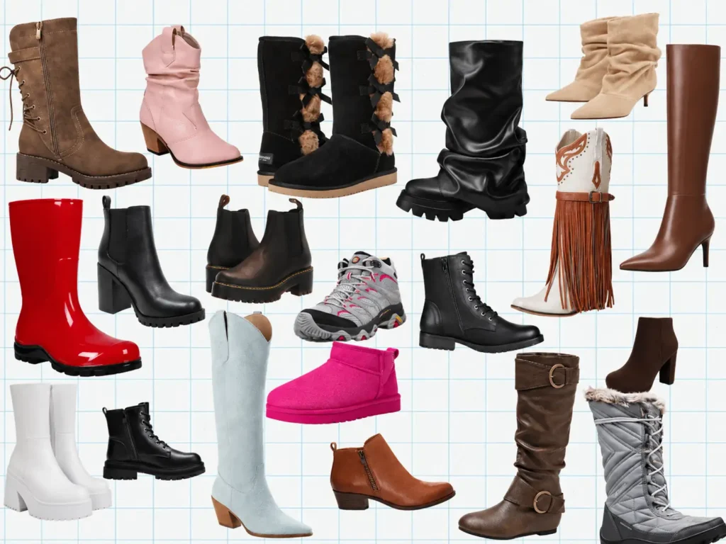 Collage of women’s boots on Amazon, including combat, Western, rain, hiking, platform, ankle, and knee-high styles.