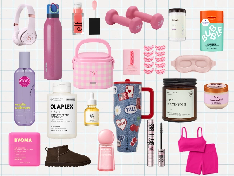 Collage of self-care and cozy Amazon finds including skincare, pink headphones, water bottles, dumbbells, bath salts, UGG boots, mascara, and a pink workout set.