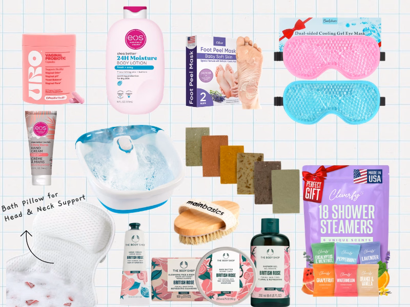 Collage of hand cream, body lotion, shower steamers, bar soaps, a bath pillow, and a foot spa.