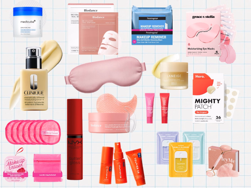 Collage of lip balms, face masks, under-eye patches, skincare products, and reusable makeup-removing cloths.