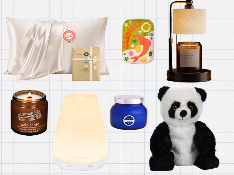 Collage of candles, a candle warmer lamp, diffuser, trinket tray, panda plush, throw blanket, and pillow covers.