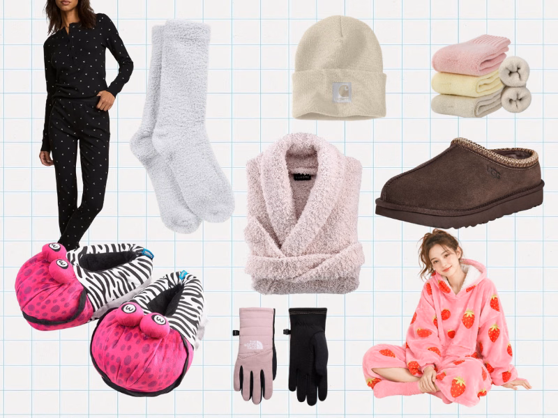 Collage of fuzzy socks, slippers, thermal pajamas, a plush robe, gloves, a beanie, and a wearable blanket.