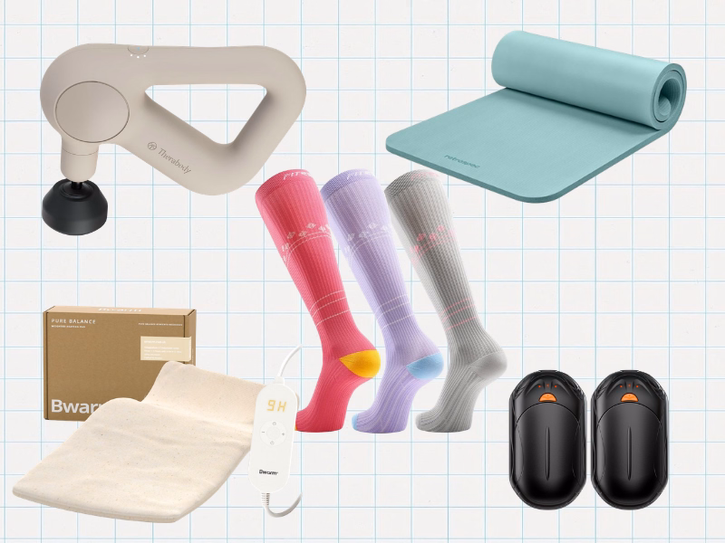 Collage of a yoga mat, compression socks, rechargeable hand warmers, a heating pad, and a Theragun massage device.