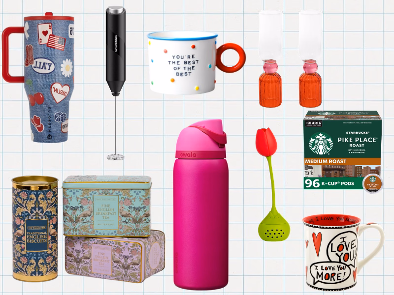 Collage of mugs, a water bottle, tumbler, milk frother, coffee pods, tea gifts, and colorful cocktail glasses.