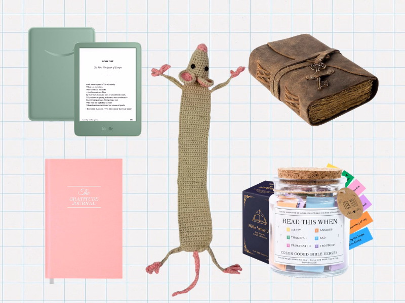 Collage of a Kindle, leather journal, crochet animal bookmark, gratitude journal, and Bible verses jar.