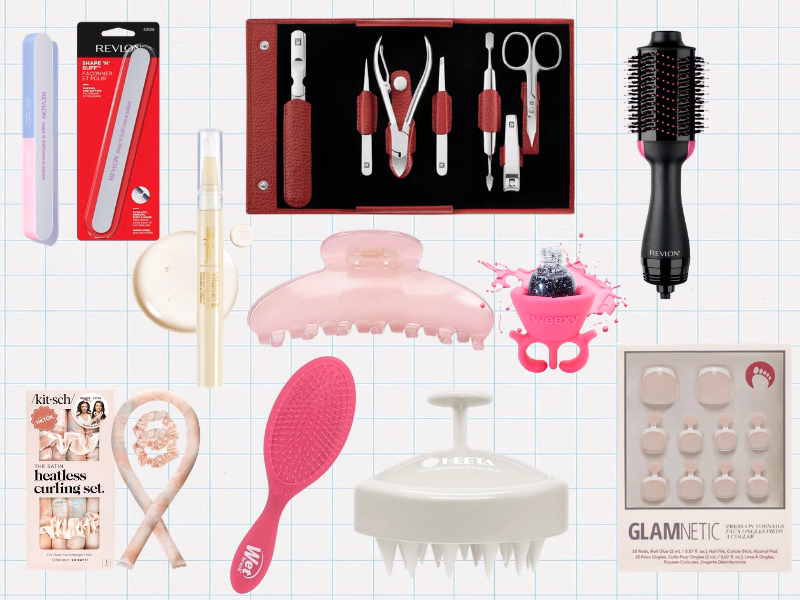Collage of a detangling brush, heatless curling set, claw clip, manicure tools, press-on nails, and hair dryer brush.