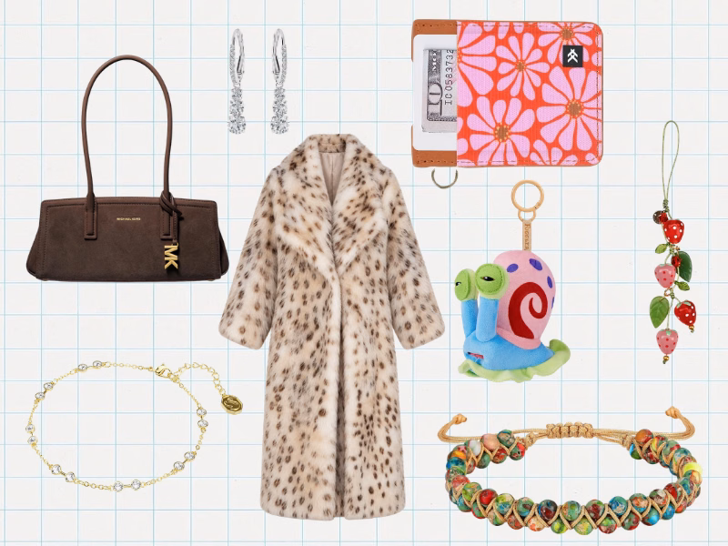 Collage of crystal jewelry, a card holder, phone charm, shoulder bag, leopard-print coat, and plush keyring.