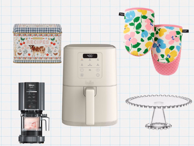 Collage of floral oven mitts, a recipe tin, glass cake stand, Ninja CREAMi, and Oatmilk-colored air fryer.
