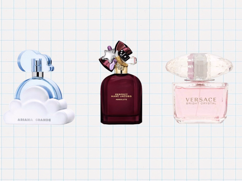 Collage of Ariana Grande Cloud, Versace Bright Crystal, Marc Jacobs Perfect Absolute, and a Victoria’s Secret Bombshell duo.