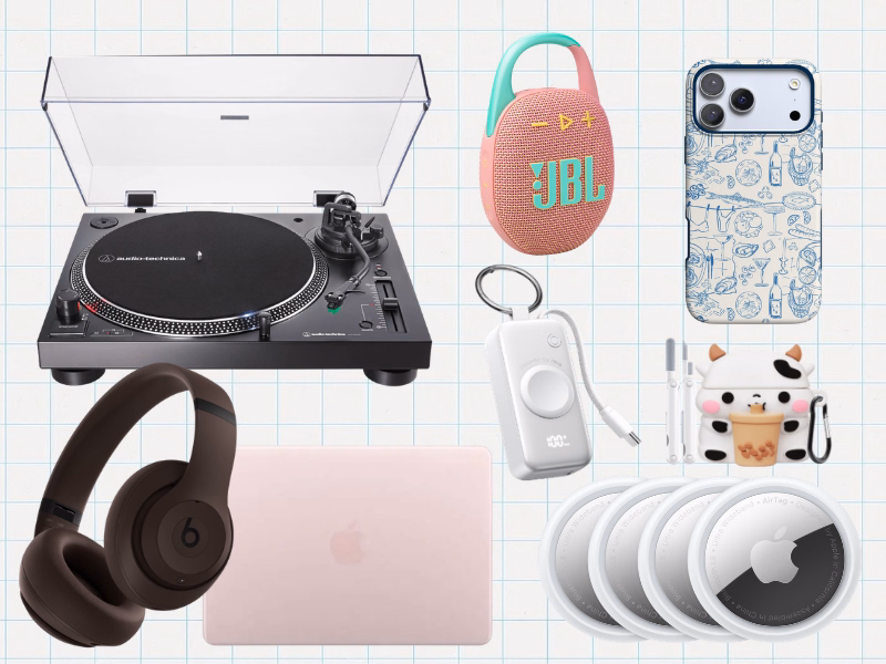 Collage of phone accessories, portable chargers, a speaker, headphones, AirTags, a turntable, and a Blush laptop.