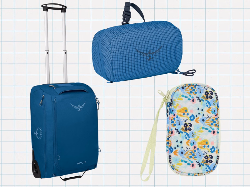 Collage of a cream floral tech organizer, Osprey Transporter toiletry kit, and blue Osprey Daylite wheeled duffel.