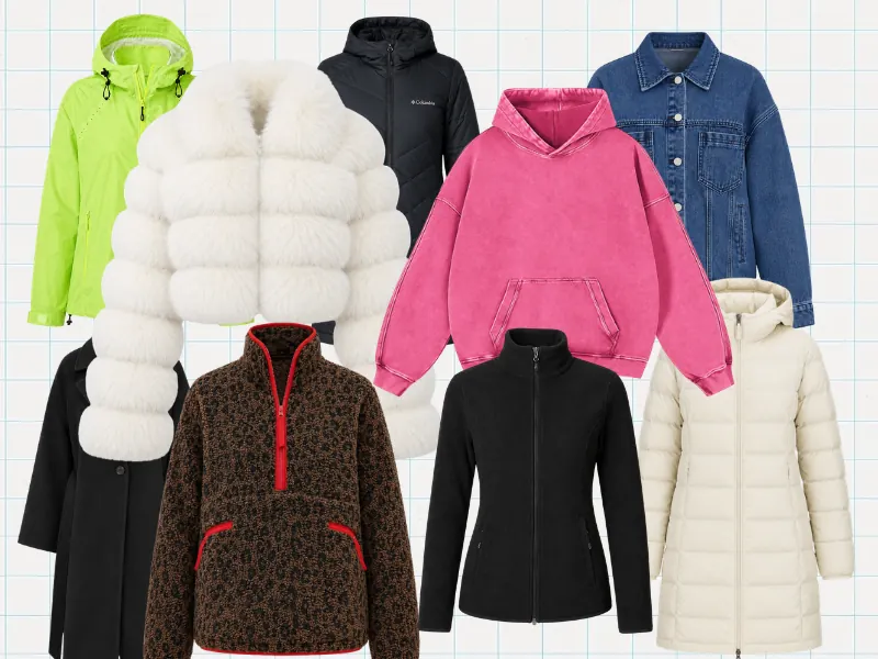 Collage of the best women’s jackets on Amazon, including a rain jacket, faux fur jacket, denim jacket, fleece, hoodie and puffer coats.