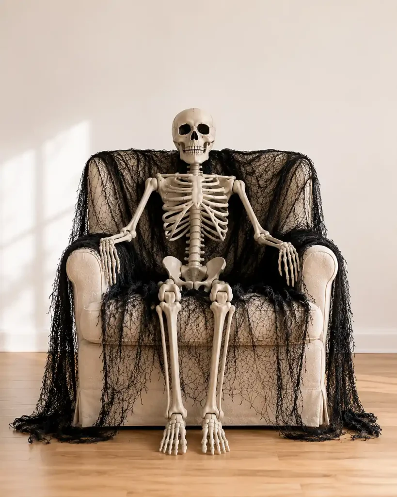 Black creepy cloth draped over furniture for spooky indoor Halloween party decorations.