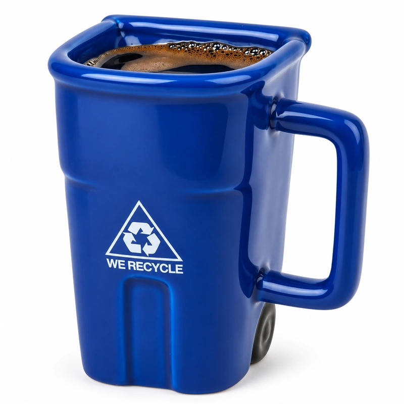 Blue recycling bin novelty mug with white recycling symbol and coffee inside.