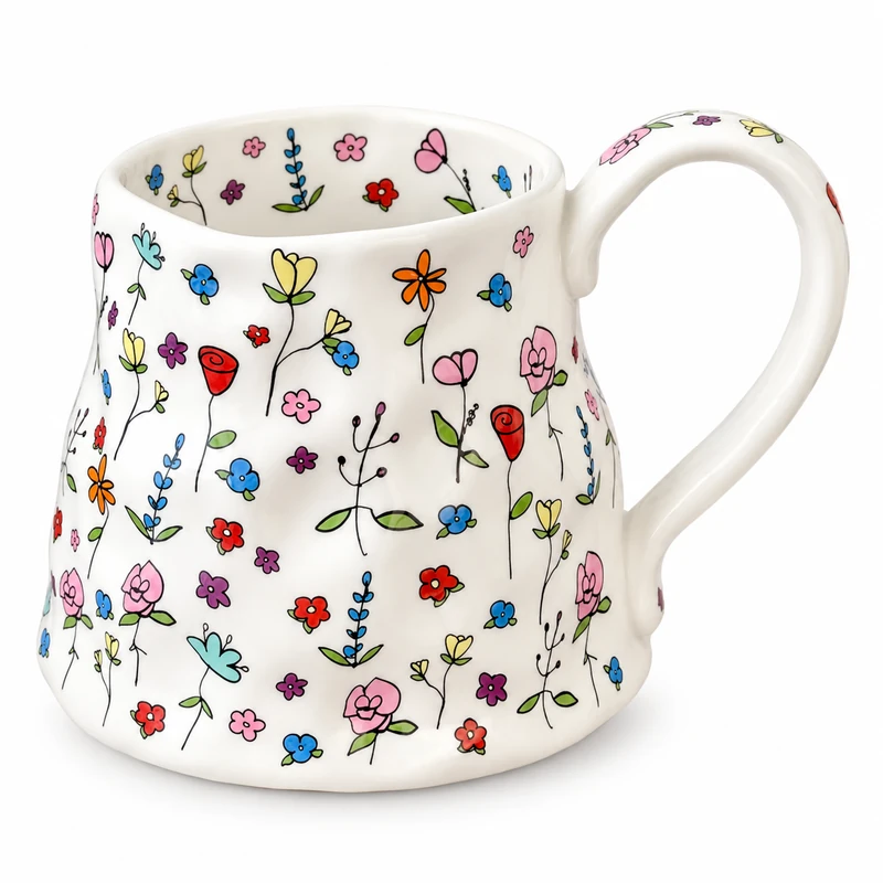 White ceramic mug with colorful floral pattern and large curved handle.