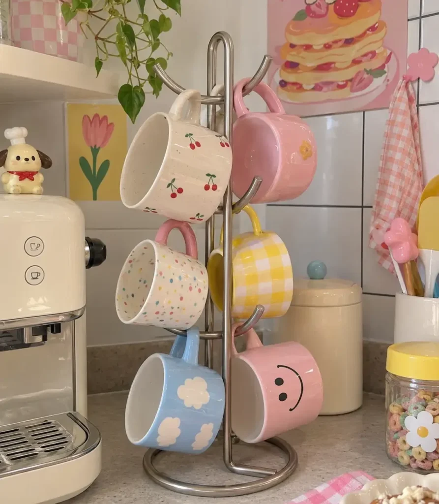 Countertop mug tree holding colorful coffee mugs beside an espresso machine in a kitchen