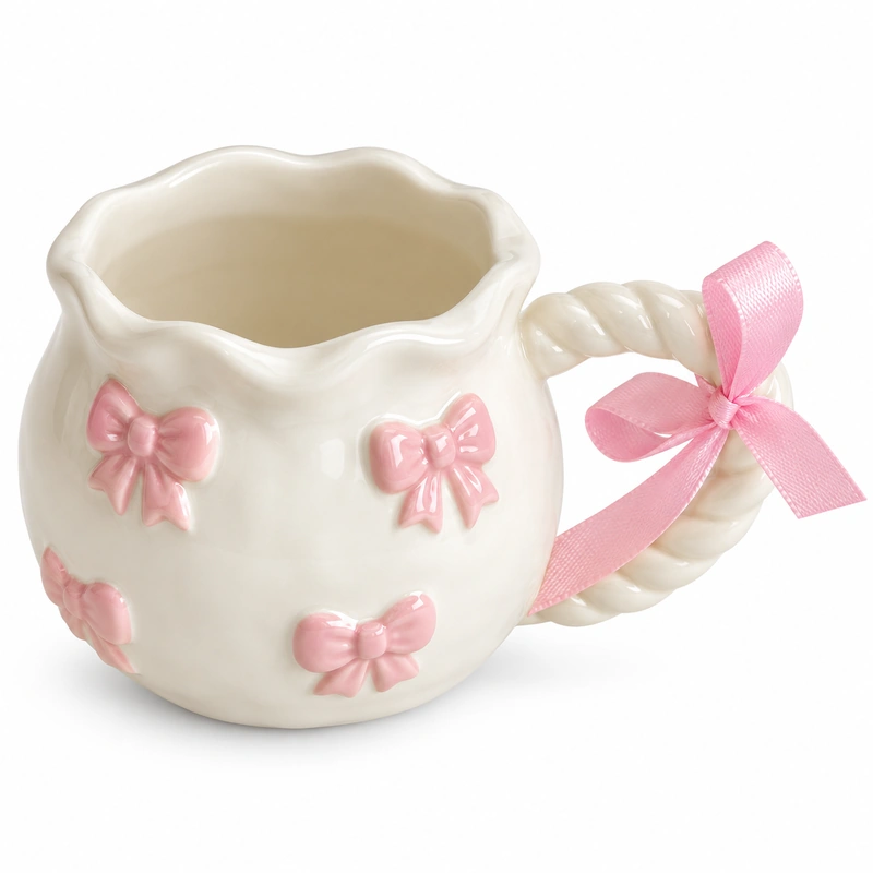 Cream ceramic mug with raised pink bows, scalloped rim and ribbon-tied handle.