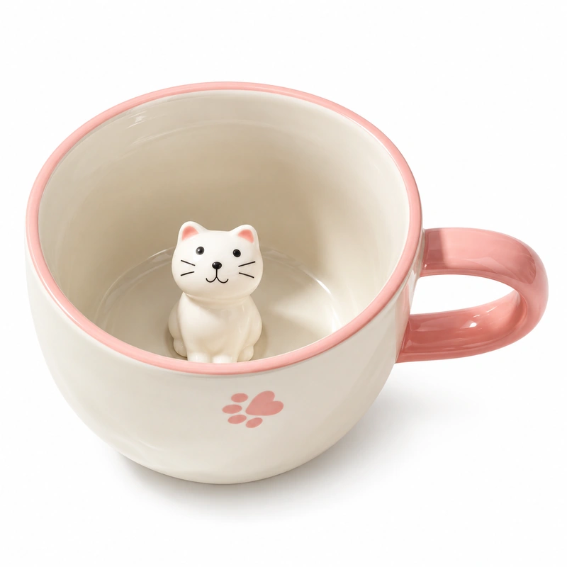 Cream ceramic cat mug with pink handle, paw print and cat figurine inside.