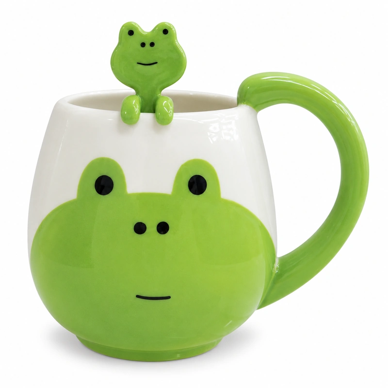 Cute green frog ceramic mug with matching handle and small frog figure on the rim.