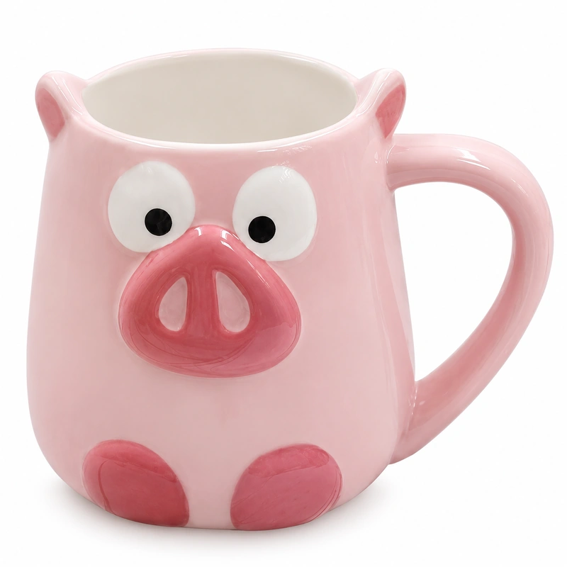 Cute pink pig ceramic coffee mug with large eyes, raised snout and curved handle.
