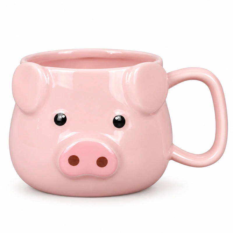 Glossy pink ceramic coffee mug designed like a cute pig, featuring sculpted ears, black eyes, a raised pink snout and a large curved handle.