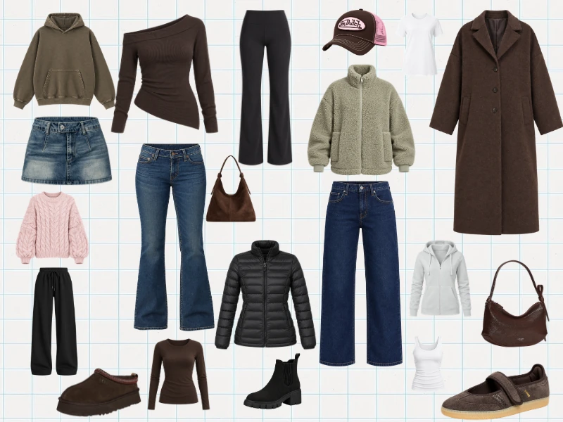 Fall capsule wardrobe collage with a brown coat, pink sweater, blue jeans, denim skirt, black pants, hoodies, boots and brown bags.