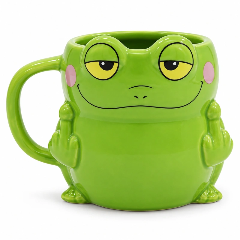 Funny green frog ceramic mug with sleepy eyes, pink cheeks and raised middle fingers.
