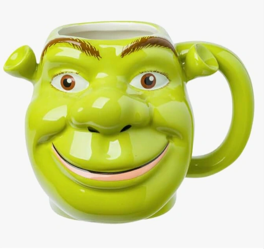SHREK Glossy green character face mug with sculpted ears, arched eyebrows, and a smiling expression.

