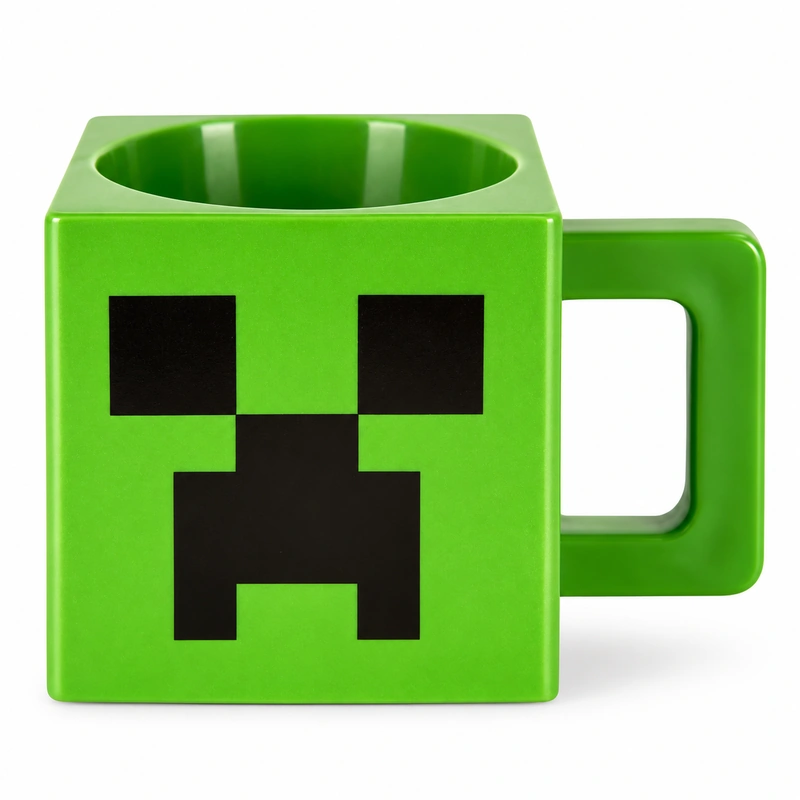 Green square Minecraft Creeper mug with black pixelated face and rectangular handle.