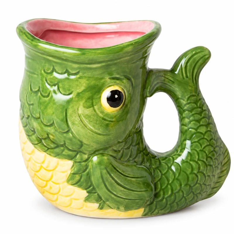 Green fish-shaped ceramic mug with yellow belly, pink interior and tail-shaped handle.
