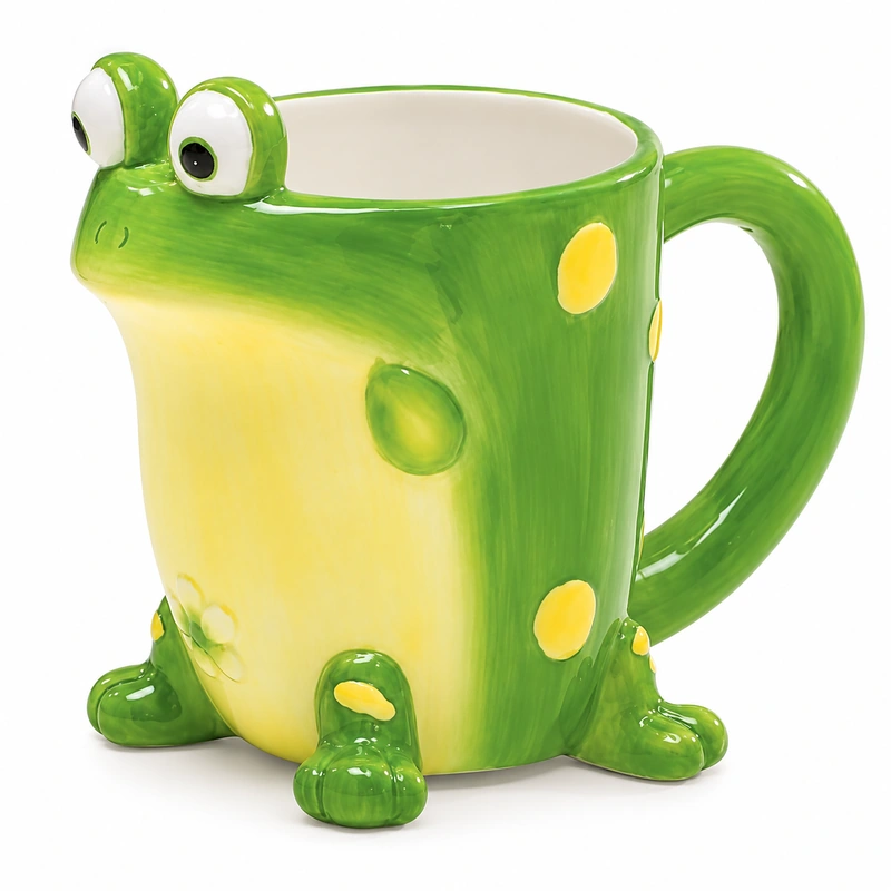 Green frog ceramic mug with yellow belly, raised eyes, spotted body and curved handle.