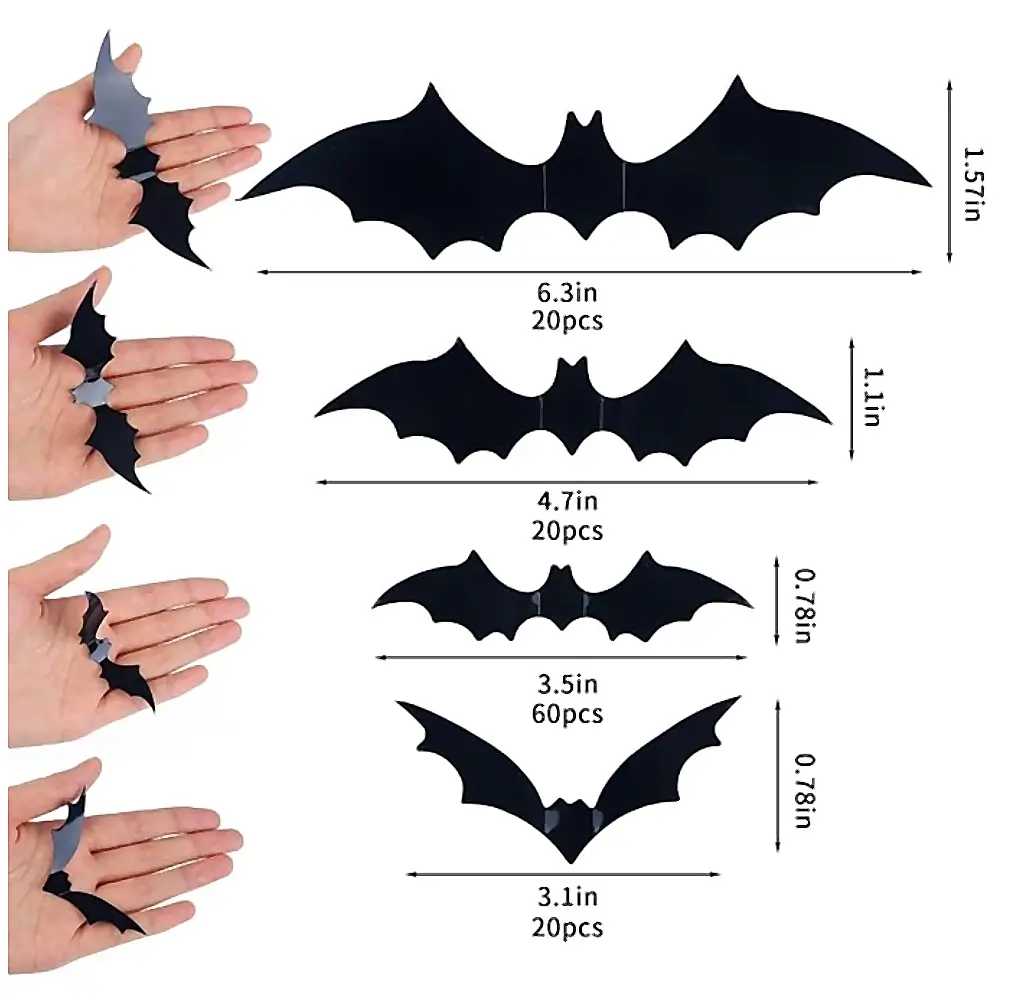 Black bat wall stickers in multiple sizes for Halloween party decorations and spooky party backdrops.