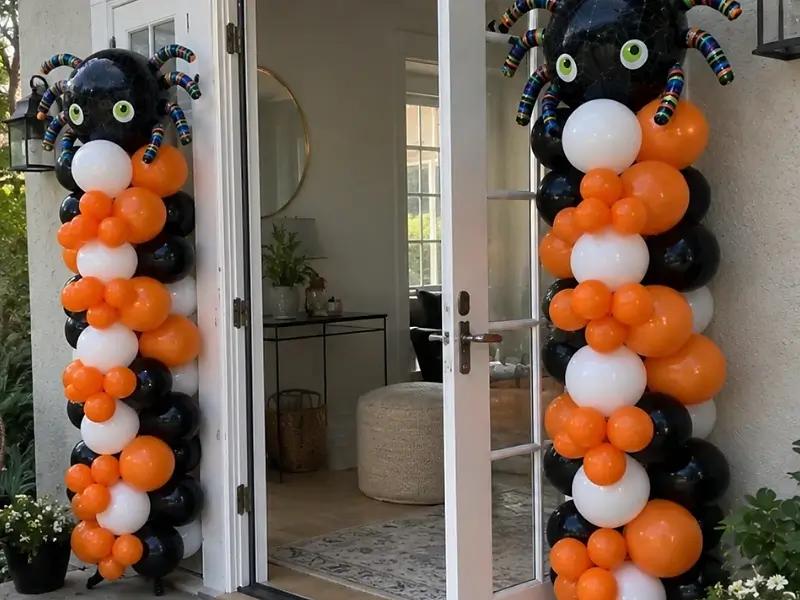 Black, orange and white Halloween balloon arch decorating a front door for a Halloween party.