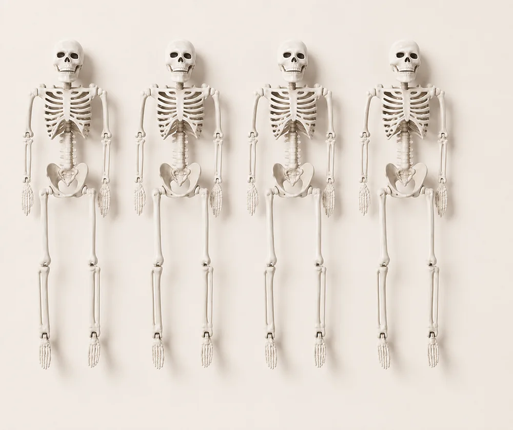 Set of poseable Halloween skeletons for spooky indoor Halloween party decorations.