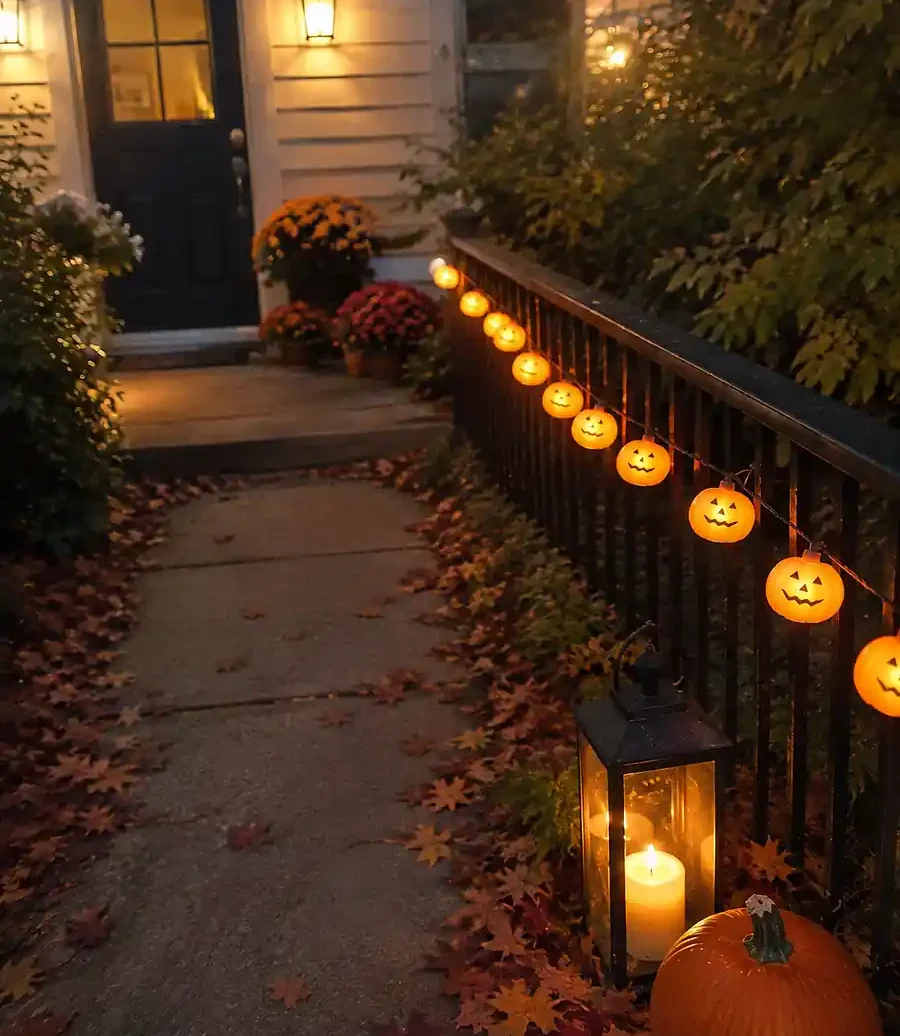 Glowing pumpkin string lights decorating an outdoor Halloween party walkway and porch railing.