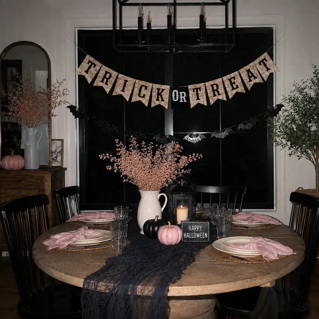 Halloween party table decorations with a Trick or Treat banner, black bat garland, pumpkins and candle centerpiece.