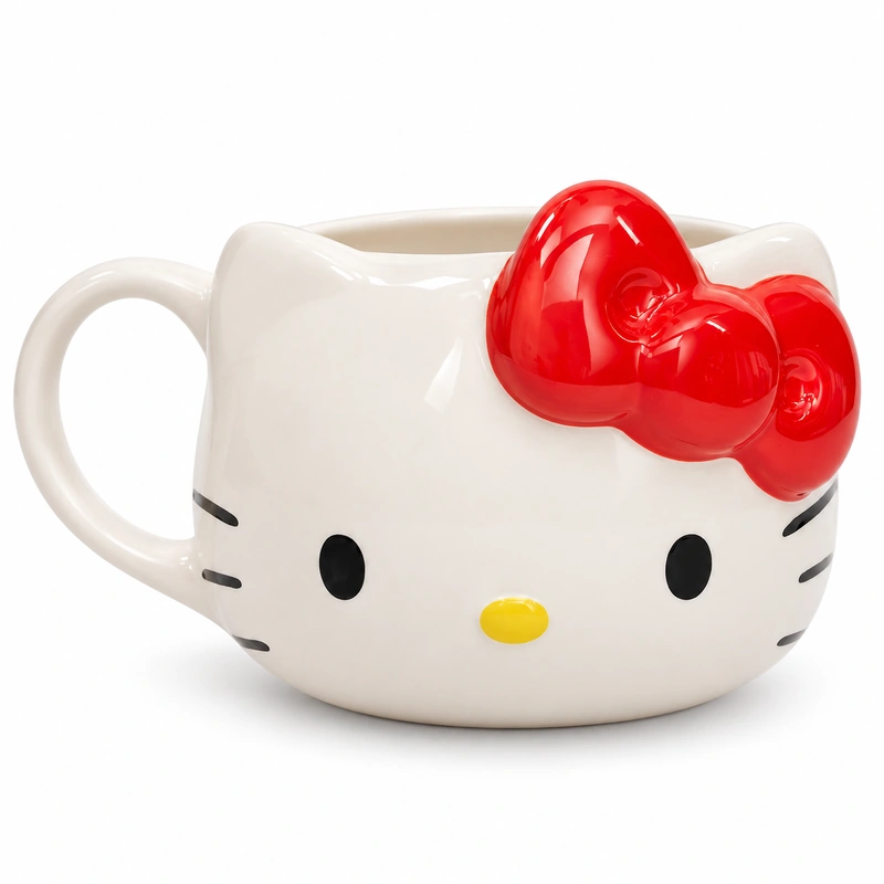 White Hello Kitty ceramic mug with red bow, black eyes, yellow nose and whiskers.