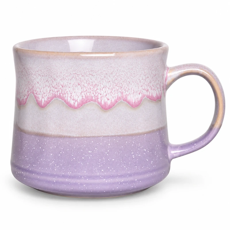 Lavender ceramic mug with pink drip glaze, cream center and speckled finish.