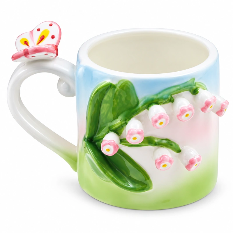 Pastel ceramic mug with 3D lily-of-the-valley flowers, green leaves and butterfly handle detail.
