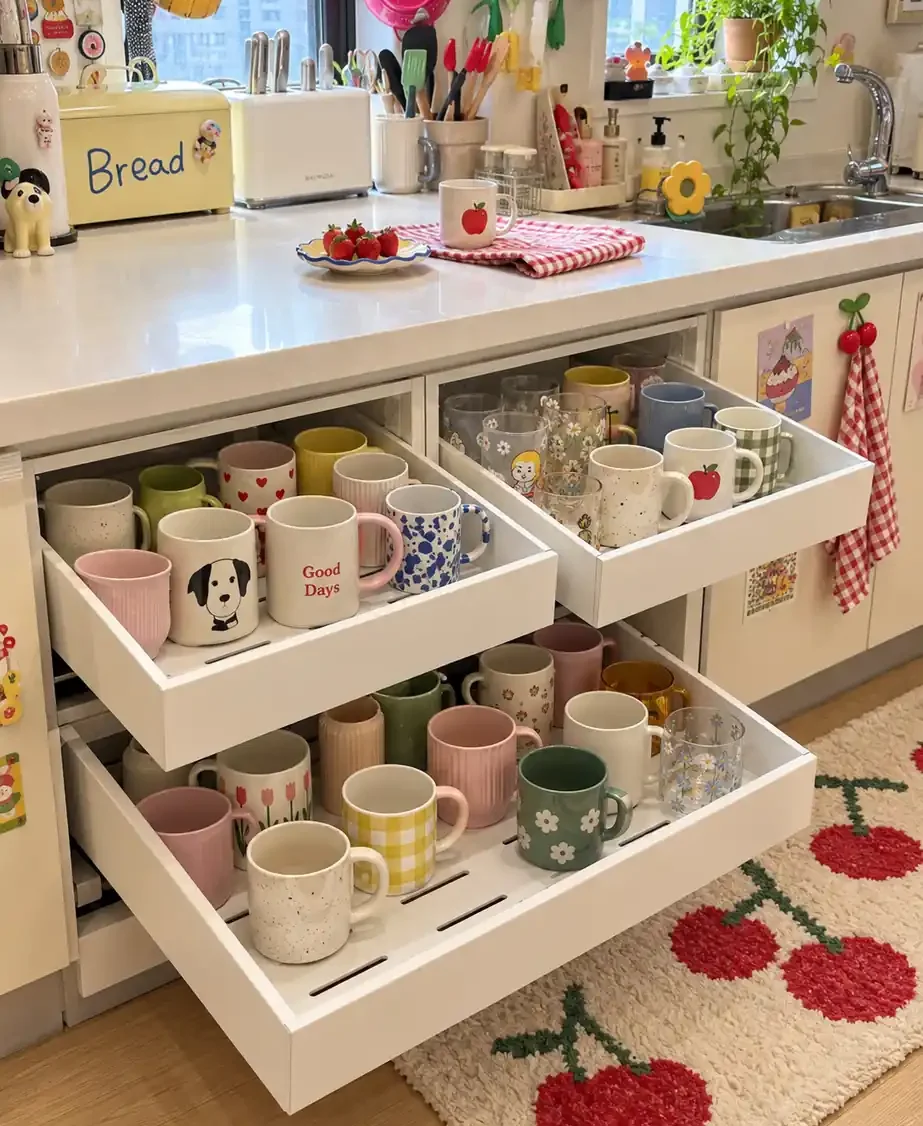 Mug storage ideas using deep kitchen drawers filled with colorful coffee mugs and cups